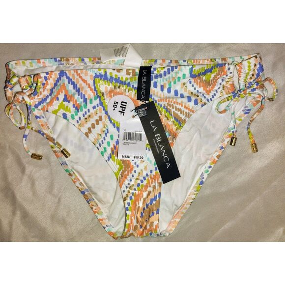 NWT La Blanca Sunbaked Jewels Side Tie Hipster Swim Bottom Size 12 Gold Beach - Picture 2 of 4